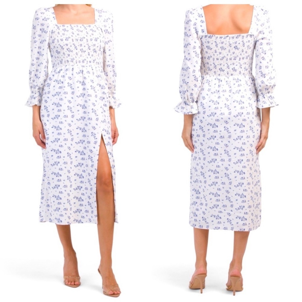 HOUSE OF HARLOW Women’s Floral Smocked Linen Blend Midi Dress White/Blue Size L